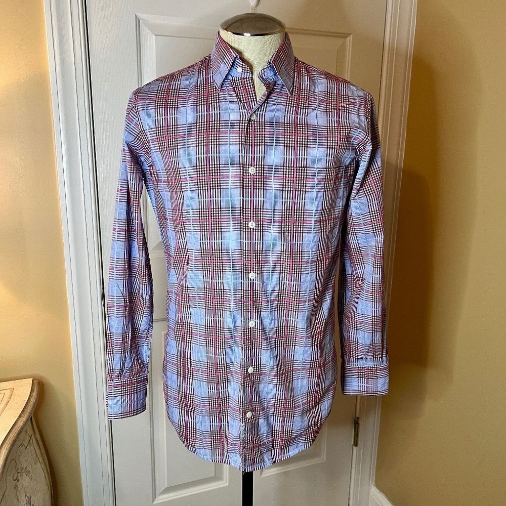 NWOT Men's Peter Millar Plaid Pink Burgundy Blue Plaid Button Front Shirt SMALL